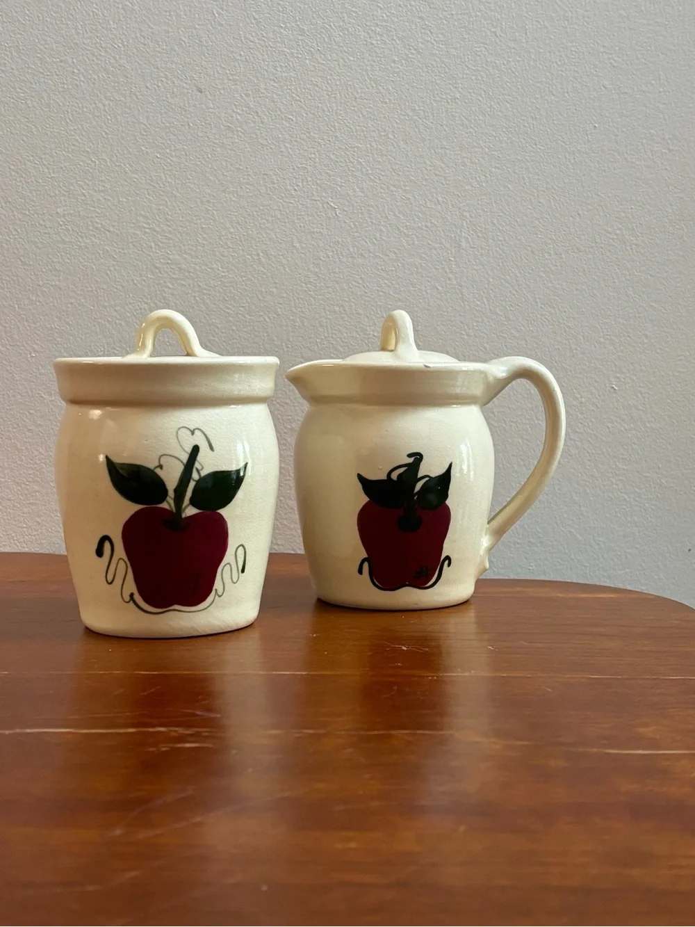 Vintage 1990’s Ceramic Cream and Sugar Jars Handpainted with Apple Decals